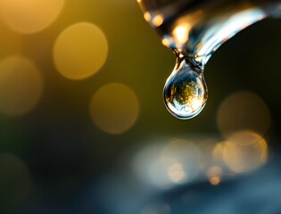 Glistening Drop of Life: A macro capture of a single water droplet poised at the edge of a faucet, reflecting the world with perfect clarity, symbolizing purity and the essence of life.