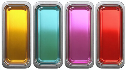 Four glossy, rectangular colored buttons with metallic borders in a row