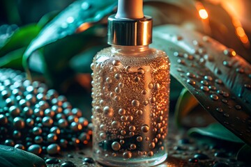Serum of Elegance: A luxurious skincare serum bottle, surrounded by the refreshing natural dew and lush leaves, evoking a sense of purity and rejuvenation.
