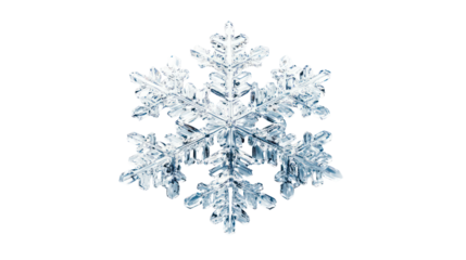 Detailed macro photograph of a single snowflake isolated on transparent background