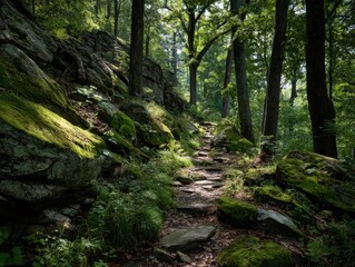 Lush Forest Trail with Sunlit Mossy Rocks and Towering Trees, Serene Woodland Path Winding Through Verdant Landscape, Nature's Green Embrace, Peaceful Woodland Hike