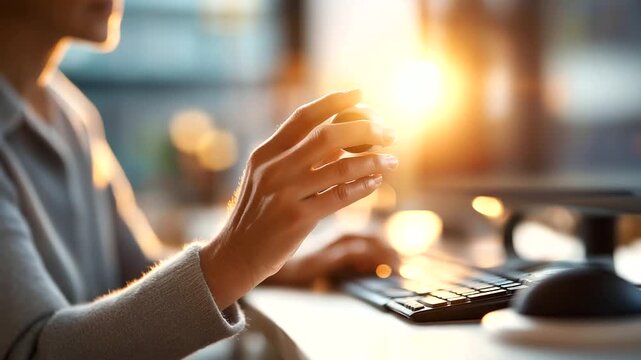 Faceless close crop of hands attaching a neutral webcam atop a monitor backlight halo workstation background defocused headline space to the left faceless webcam setup remote