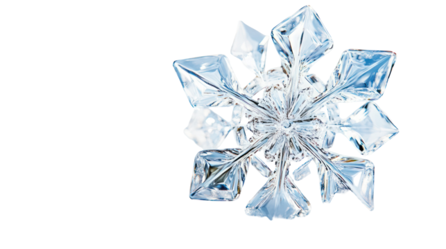 Intricate clear ice crystal snowflake isolated on transparent background