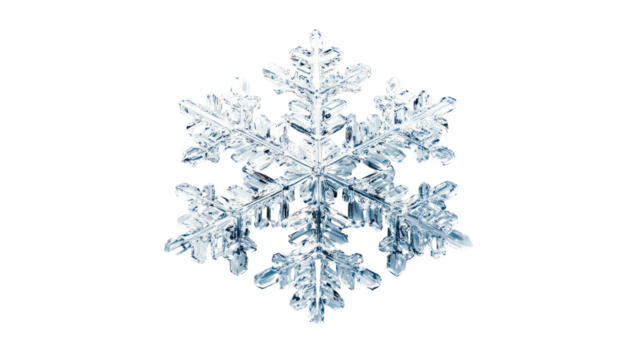 Detailed macro photograph of a single snowflake isolated on transparent background