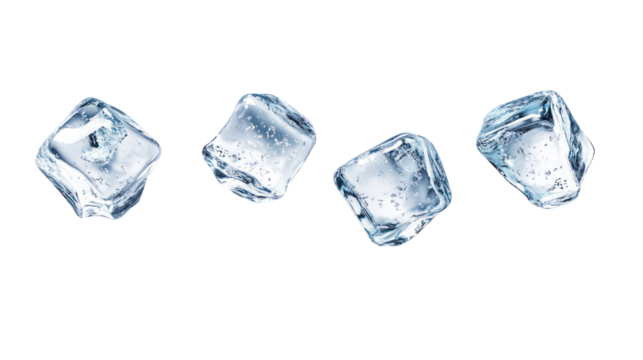 Four clear ice cubes with sharp edges isolated on transparent background