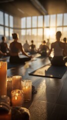 Group Yoga Class in Sunlit Studio With Candles