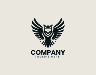 Fototapeta premium Majestic owl silhouette vector logo illustration with powerful, symmetrically spread wings and detailed feather texture. Wisdom and power concept