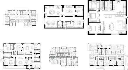 Collection of six different floor plan layouts