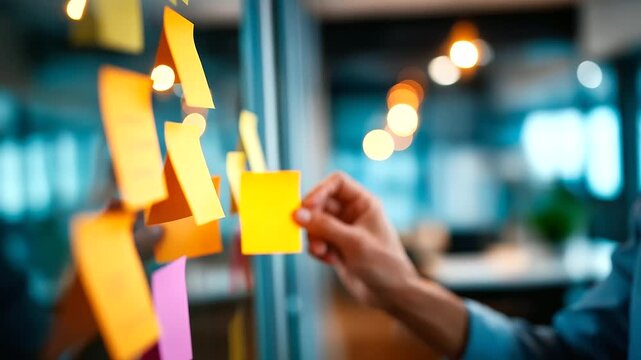 Faceless close crop of a business professional&rsquo;s hands arranging color coded sticky notes on a glass wall reflections creating layered depth office corridor lights gently