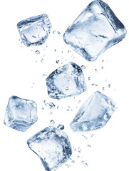 Obraz premium Group of ice cubes falling and splashing with water isolated on transparent background