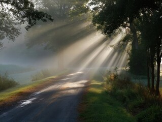 Sunlight rays penetrate misty forest morning creating dramatic light and shadow play on road, enchanting natural landscape, serene woodland path at dawn, peaceful rural scene
