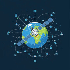 An illustration of a satellite orbiting the Earth, representing global communication and data transfer through a network of connected devices.