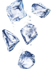 Obraz premium Several clear ice cubes falling isolated on transparent background
