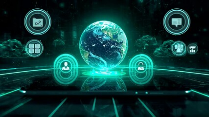 Glowing Earth Hologram Floating Above Platform with Surrounding Icons and Neon Data Interface - Powered by Adobe