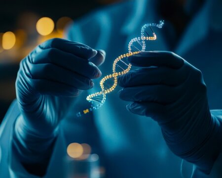 A scientist examines a glowing DNA strand in a laboratory, highlighting the wonders of genetic research and biotechnology.
