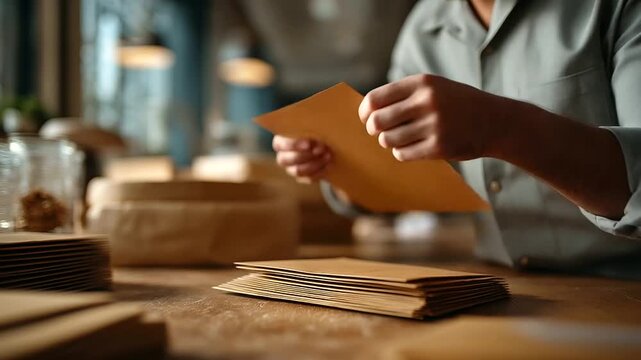 Faceless close crop of hands aligning a neutral brand stamp on kraft envelopes tabletop grain background racks defocused composition with left band open faceless stationery