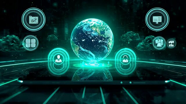 Glowing Earth Hologram Floating Above Platform with Surrounding Icons and Neon Data Interface