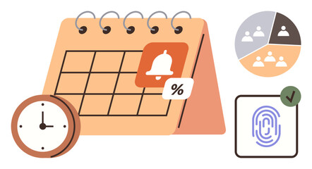 Calendar with notification, clock, pie chart of teams, fingerprint access, green check. Ideal for organization, productivity, scheduling planning reminders security teamwork. Simple flat metaphor