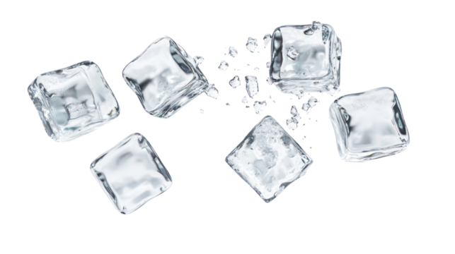 Several ice cubes falling and splashing isolated on transparent background