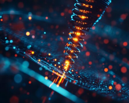 Abstract digital art featuring a vibrant, swirling pattern of light and energy in a futuristic setting.