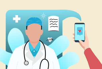 Future health. Doctor with Stethoscope and Mobile Healthcare Prescription Illustration