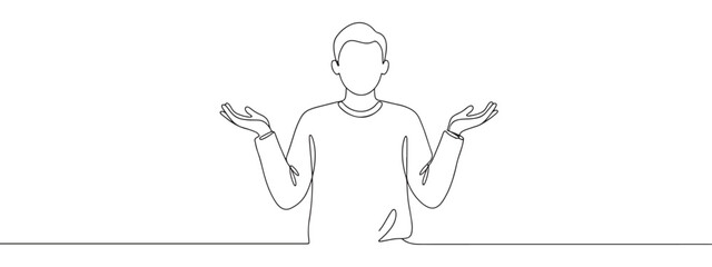 Continuous one line drawing of a person shrugging with open hands. Concept of confusion, uncertainty and lack of knowledge