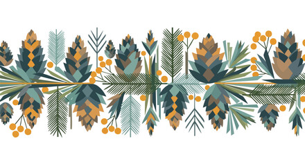 A beautifully arranged graphic illustration featuring stylized pinecones, evergreen branches, and vibrant berries creating a charming winter nature border.