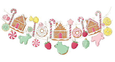 This enchanting hand-drawn illustration displays a festive Christmas garland, adorned with charming gingerbread houses, colorful candies, and various sweet holiday treats.