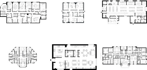 Set of six architectural floor plan drawings