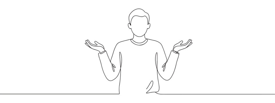 Continuous one line drawing of a person shrugging with open hands. Concept of confusion, uncertainty and lack of knowledge