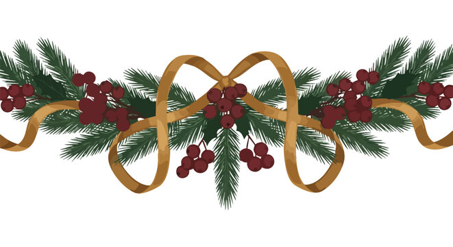 A beautifully illustrated festive Christmas garland featuring lush green fir branches adorned with vibrant red berries and elegant golden ribbon, perfect for holiday season decorations.