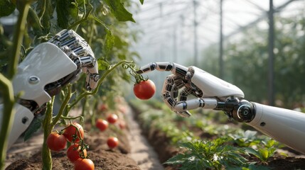 Photorealistic, wide-angle shot. Two advanced agricultural robots with sleek white and silver designs are working in a vibrant, sunlit organic vegetable greenhouse. 