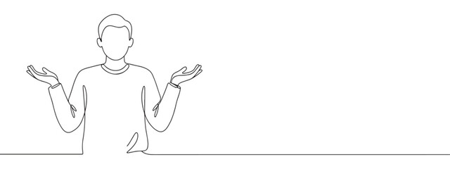 Continuous one line drawing of a person shrugging with open hands. Concept of confusion, uncertainty and lack of knowledge