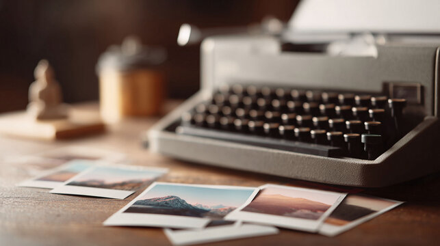 Vintage typewriter with scenic photos on a wooden desk. Evokes nostalgia, memories, and the creative process. Ideal for blogs, articles, or book covers.