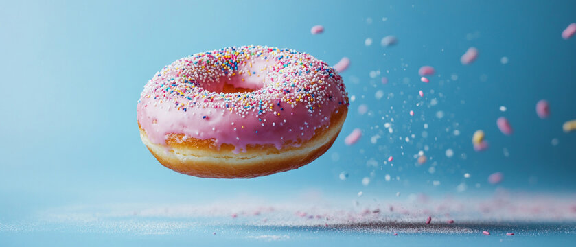 A flying doughnut with pink icing and multicoloured sprinkles scatters splashes around, embodying a cheerful and appetising mood.
It is used in creative projects 