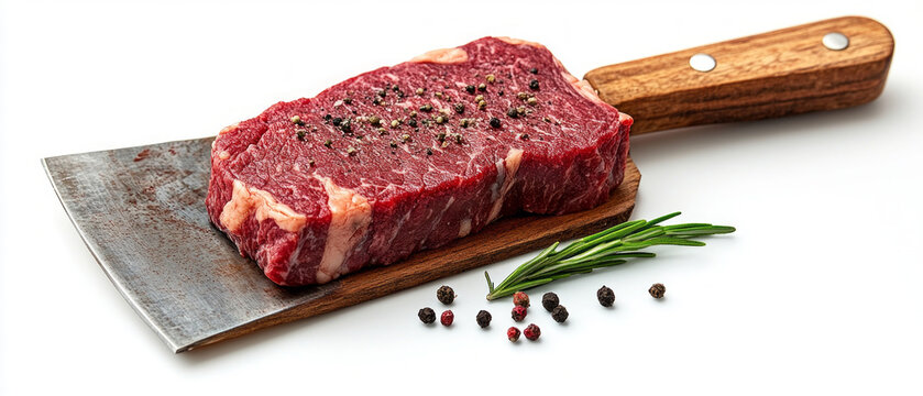 A massive knife rests on juicy beef with aromatic spices and fresh herbs — the perfect visual for a culinary blog or advertisement for meat delicacies as an atmospheric backdrop.