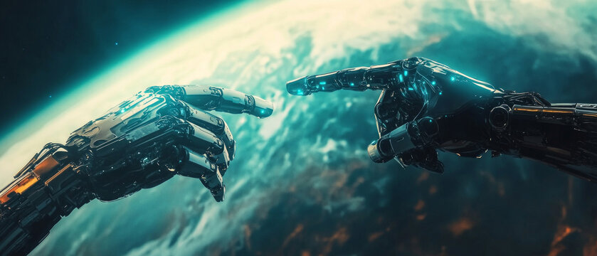 Robotic arms, almost touching against the backdrop of space, symbolise technological progress and cooperation, making them suitable for illustrations about the future and innovation as a background.