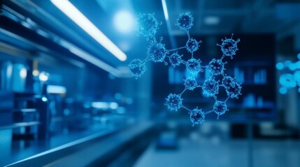 Futuristic molecular structure visualization in a scientific laboratory, emphasizing biotechnology and research innovation.