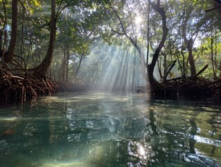 Sun Rays Penetrating Mangrove Forest Canopy into Serene River Water, Illuminating Submerged Environment with Green Foliage and Exposed Roots in Tropical Wetland Landscape