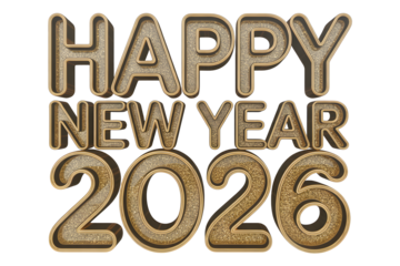 Golden 3d text happy new year 2026 celebration greeting isolated on transparent background