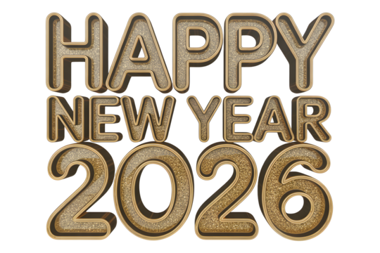 Golden 3d text happy new year 2026 celebration greeting isolated on transparent background
