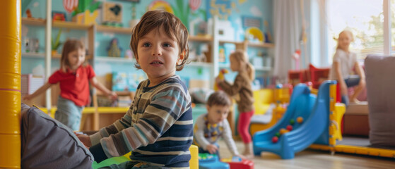 A cheerful boy in a nursery with toys and bright colours on the walls, conveying the joy, creativity and carefreeness of childhood.
This image is ideal as a warm backdrop  
