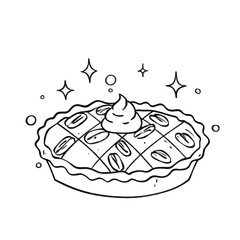 Whole pecan pie with lattice crust and whipped cream in black line art with sparkles