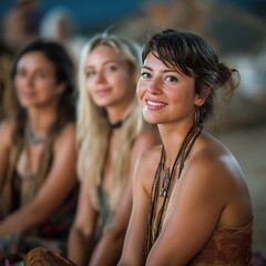 Smiling Young Women Gathering at Bohemian Festival Event