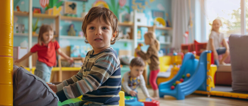 A cheerful boy in a nursery with toys and bright colours on the walls, conveying the joy, creativity and carefreeness of childhood.
This image is ideal as a warm backdrop  