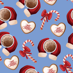 Mugs of Christmas drinks seamless vector pattern. Cozy winter background with sweets and New Years drinks - cocoa and hot chocolate with toppings, spices, cookies and candy canes