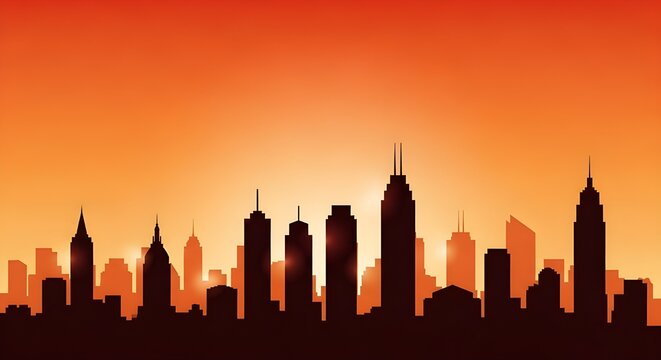 Urban skyline at dusk with warm sunset light and tall buildings forming a futuristic cityscape