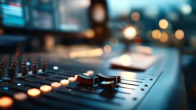 Faceless overhead of a keyboard shortcut card beside an editing console wheel interface screens defocused beyond cool studio tones left margin reserved faceless editing consol