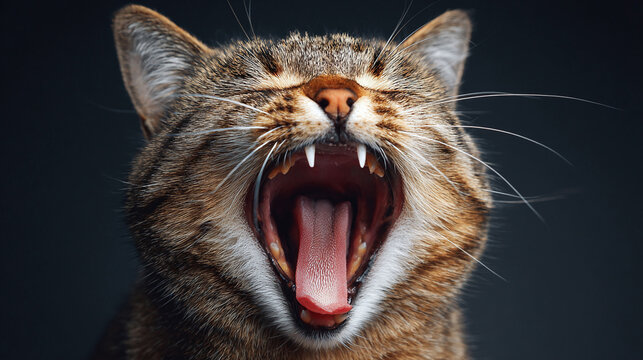 A close-up shot of a yawning cat, revealing its sharp teeth and pink tongue, creating a captivating display
