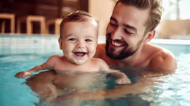 A man and a baby in a swimming pool with water splashing around them. The man and baby are both smiling and appear to be enjoying their time together. The water is clear.